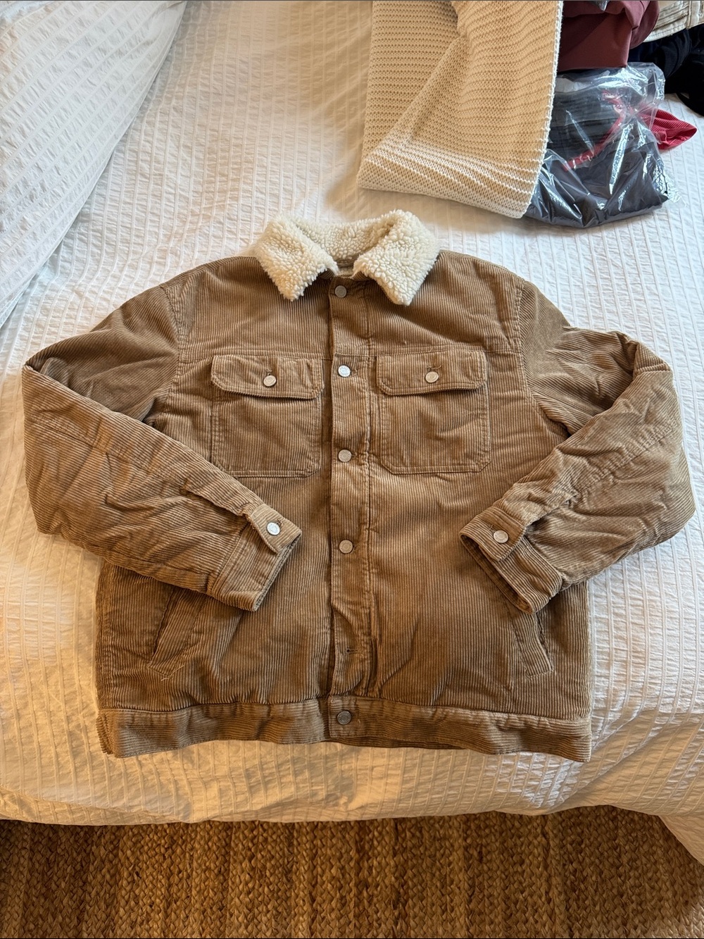 H&M Tan Corduroy Jacket with Cream Sherpa Collar